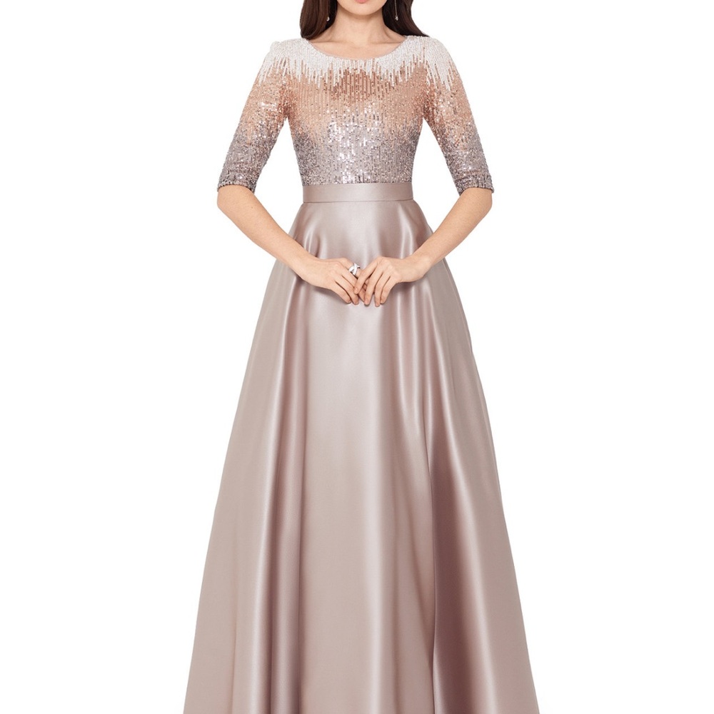 Betsy & Adam Sequin and Satin Gown in Mocha color
